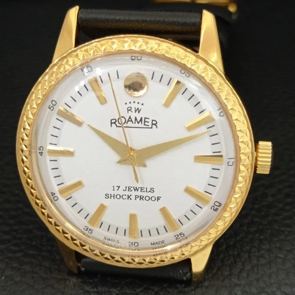 Vintage 1977 Roamer Manual Mens Gold Watch W/Leather Strap & White accents